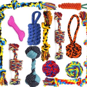 Dog and Puppy Toy Set - Chew, Teething, Rope, and Tug Toys for Small to Medium Dogs - Washable Cotton Pack of 12